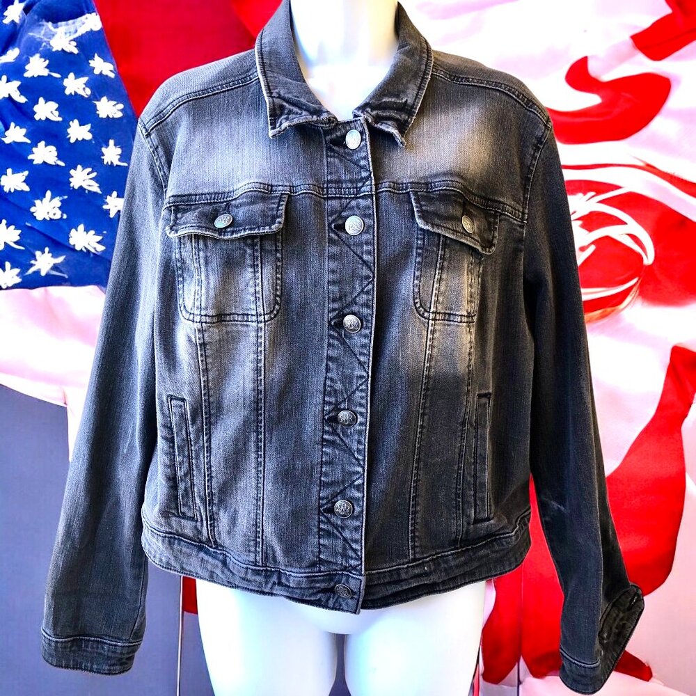 Rock & Republic Black Denim Jacket Patriotic Flag Womens XL